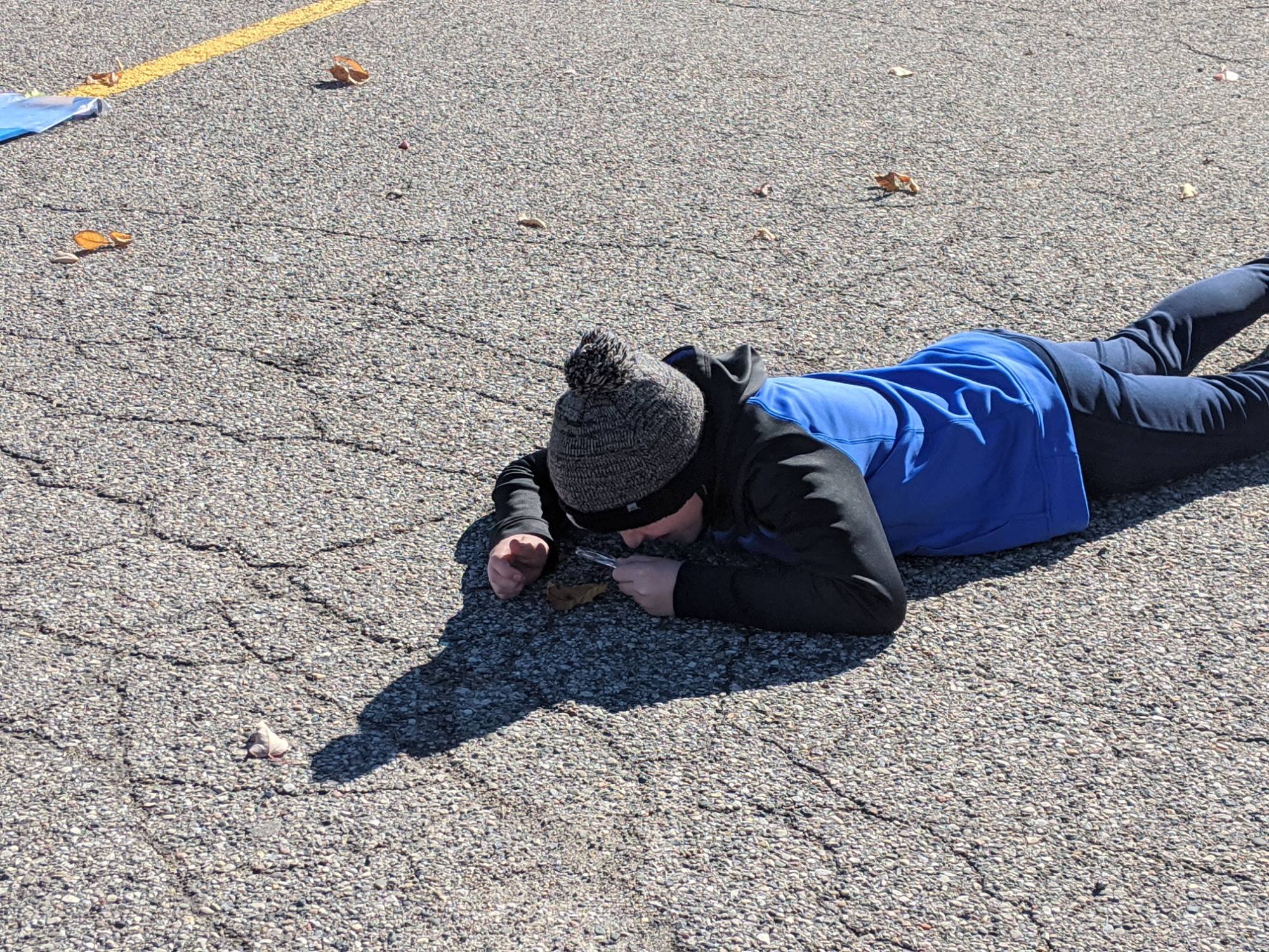 Student laying on parking lot looking at leaf through magnifying glass